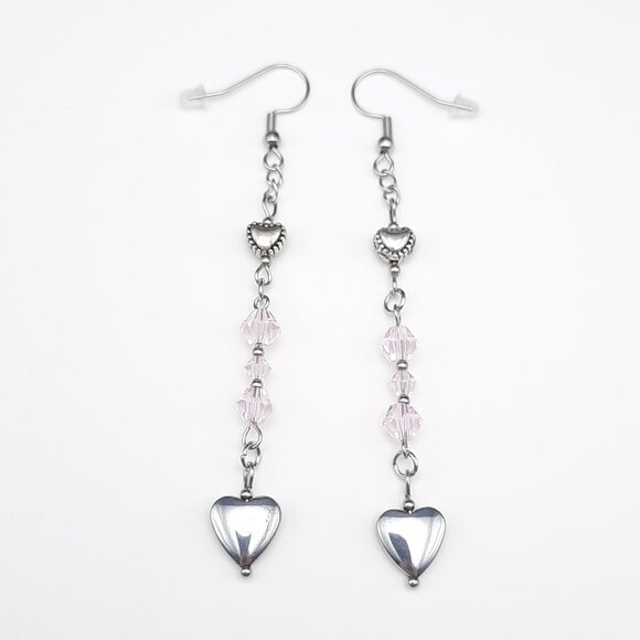 Hematite Heart Love Silver Pink Dangle Drop Earrings Handmade Jewelry - Picture 3 of 7